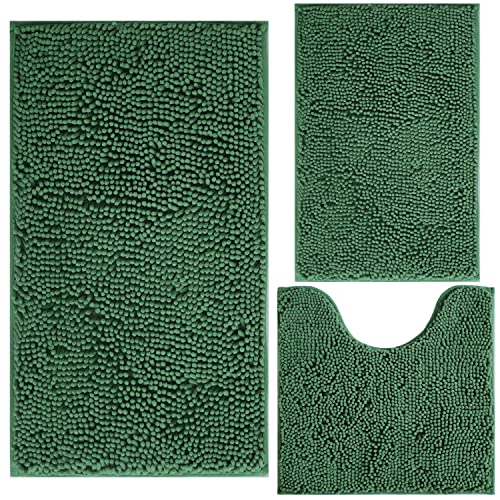 Image of Green Bathroom Rug Chenille 3-Piece Extra Soft and Absorbent Shag Bath Mat Set, Machine Wash Bathroom Rug Set, Strong PVC Non-Slip Underside, Plush Carpet Bath Mat (Dark Green)