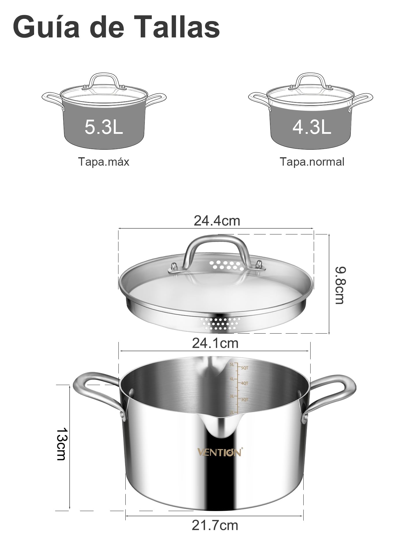 VENTION Olla de Acero Inoxidable de Triple Capa con Tapa Coladora de Vidrio, olla Multiusos para Pasta de 5,3 Litros, olla para Inducción con dos Boquillas Laterales.