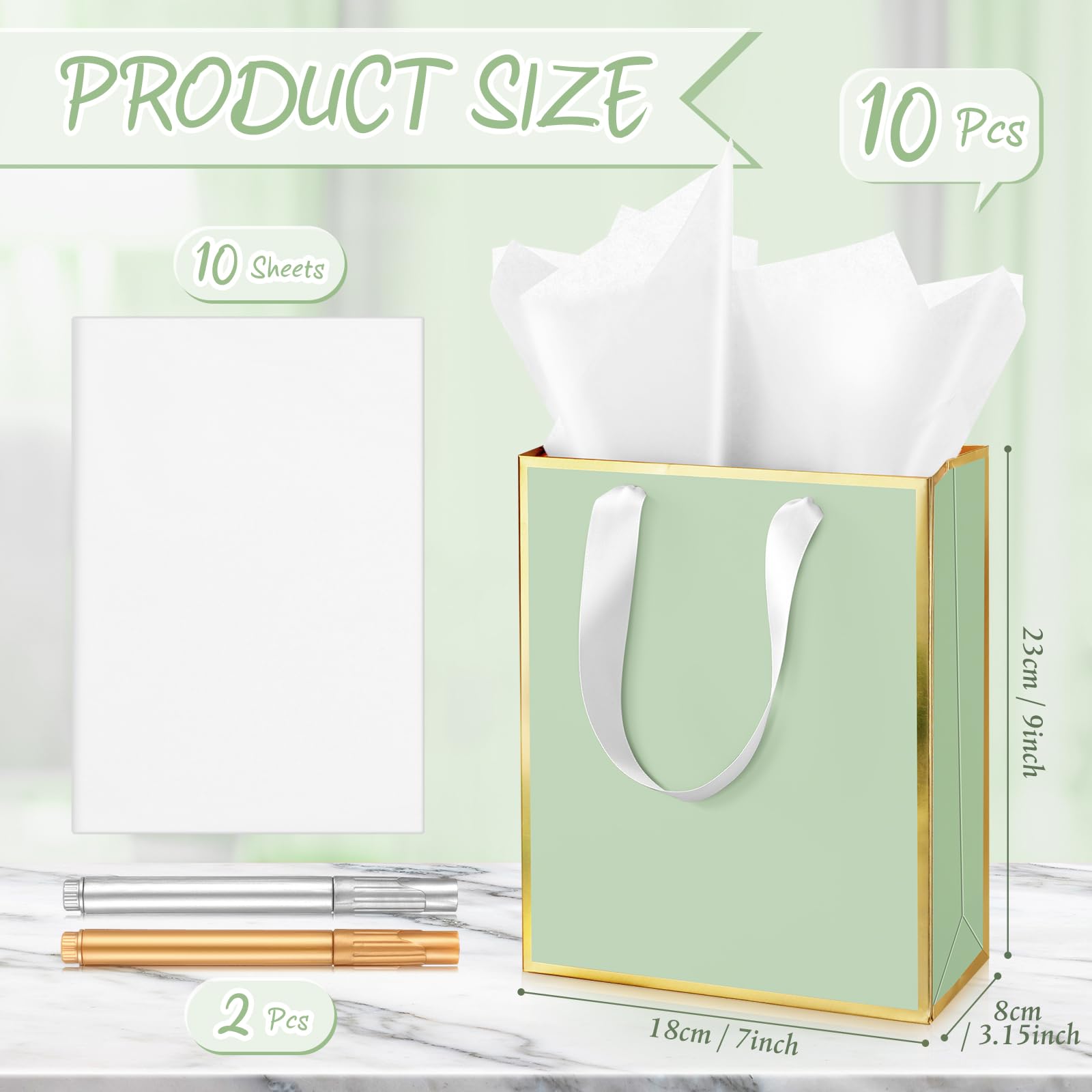 Yeaqee 10 Pack Metallic Paper Gift Bags with Handle Tissue Paper Thank You 5 Senses Gift Bag for Birthday Wedding Baby Shower Groomsmen Bridal Graduation Party Favor 9 x 7 x 3.15''(Sage Green,Gold)