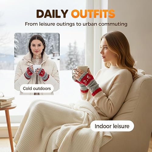 Miniatura 7 de Cat Embroidery Fingerless Gloves for Women, Warm Knitted Cat Gloves Splicing Design, Cute Womens Fingerless Glove