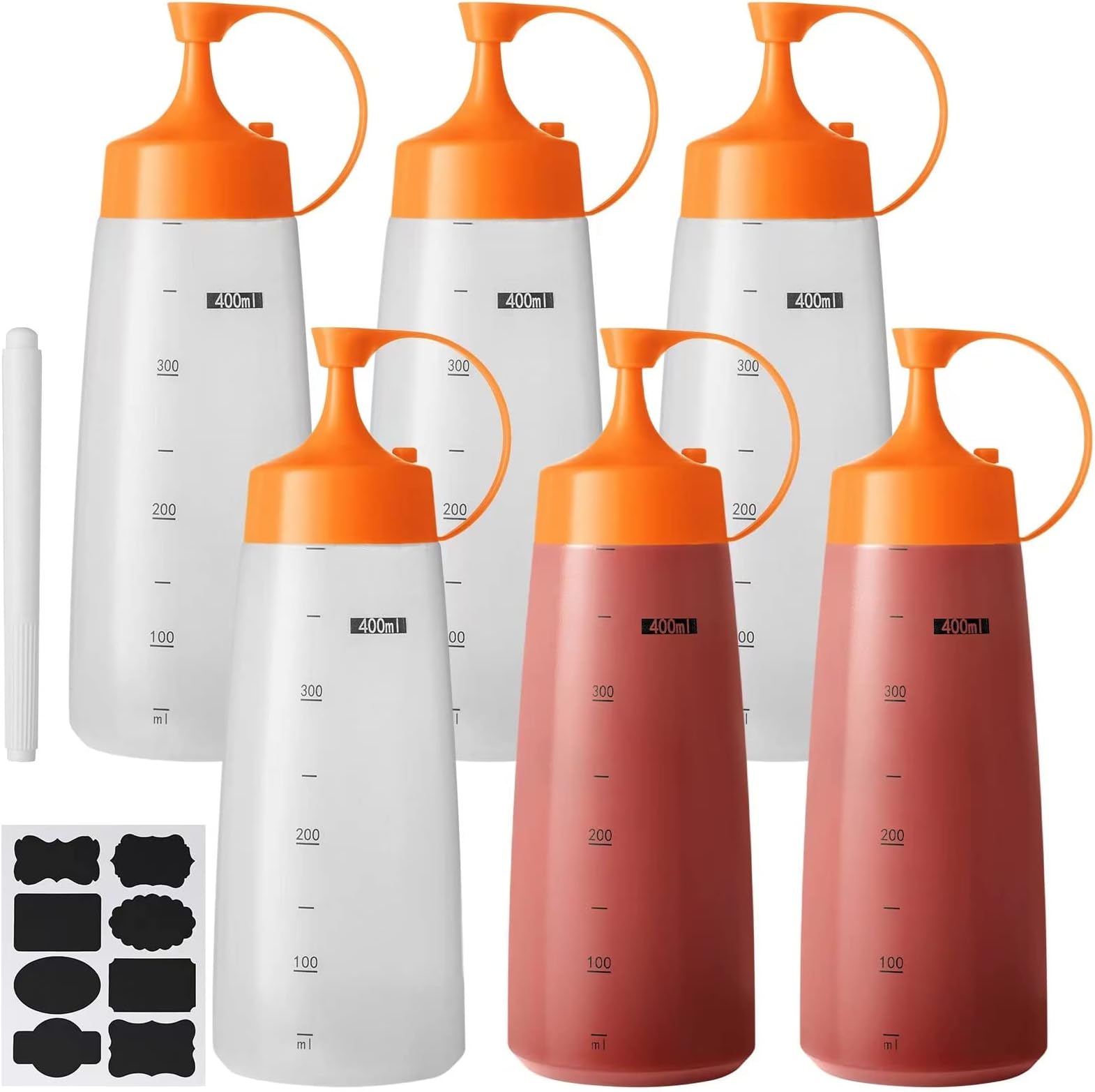 Premium 6 Pack 16 oz Plastic Condiment squeeze Bottles with Squeeze Top,Food Grade Squirt Bottle for Sauces,Hot Sauces,Syrup,Oil Dispenser,Salad Dressings Container,with extra 8 Chalk Labels and 1 Pen
