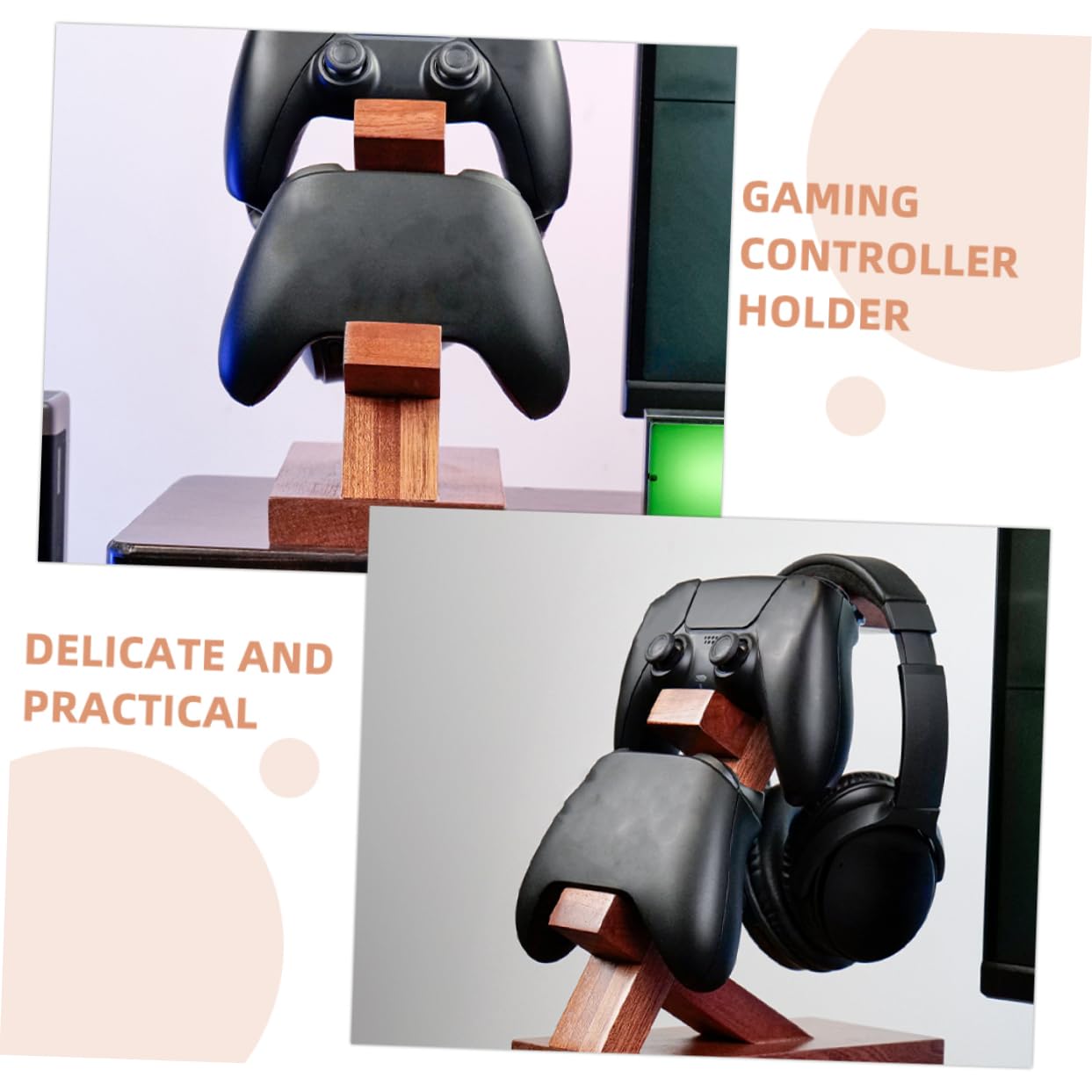 Soporte de Juego para Controlador y Auriculares, Madera Marrón