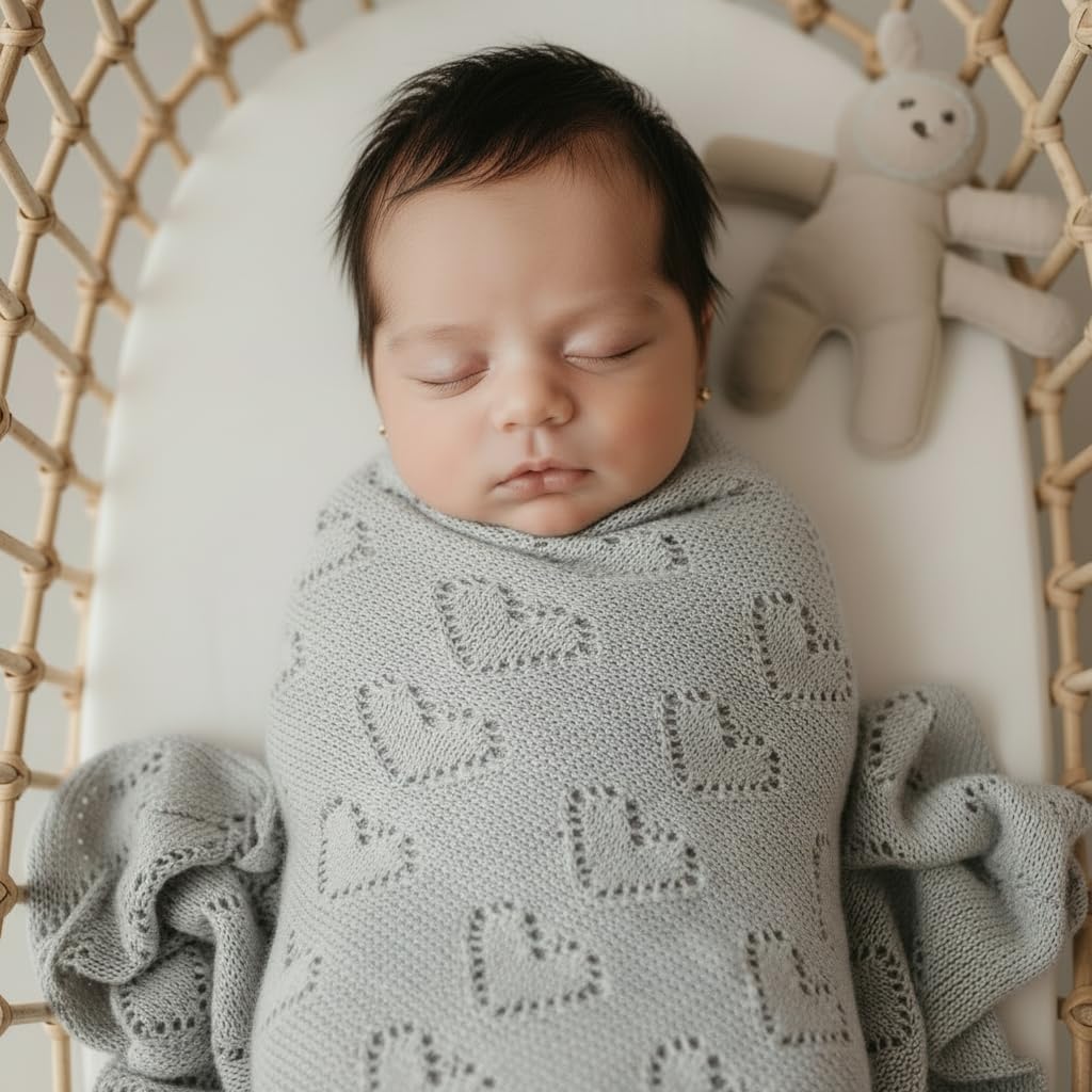 Manta Corazón para Bebés para Niños y Niñas, 100% de Lujo de Algodón Suave para Envolver en la Cuna o Cochecito, Manta de Regalo para Recién Nacidos, Bebés y Niños Pequeños (Gris Paloma)