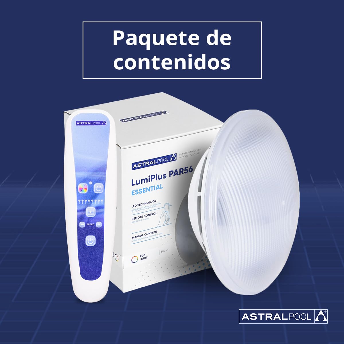 Astralpool Lámpara LED - PAR56 RGB RC1100 + RC Multicolor - Sumergible - Piscinas - 12 Colores, 8 secuencias, 8 velocidades - Incluye Control Remoto