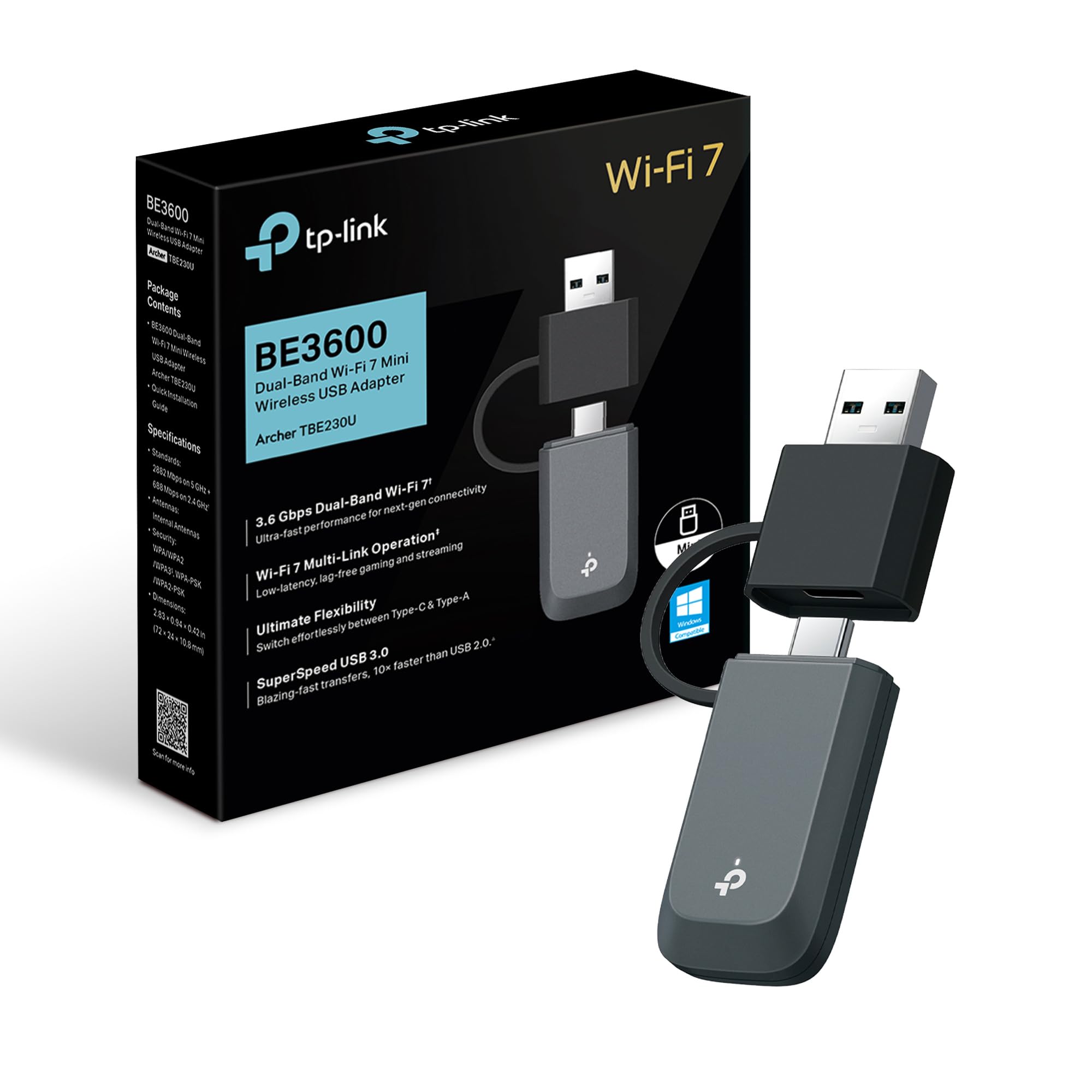 TP-Link Archer TBE230U Adattatore USB Wi-Fi 7 BE3600Mbps Dual-Band PC Fisso | Per Potenziare il Segnale Wi-Fi di Computer Fissi e Portatili, Windows 11 e 10, WPA3, MLO, Plug & Play e Doppio Connettore