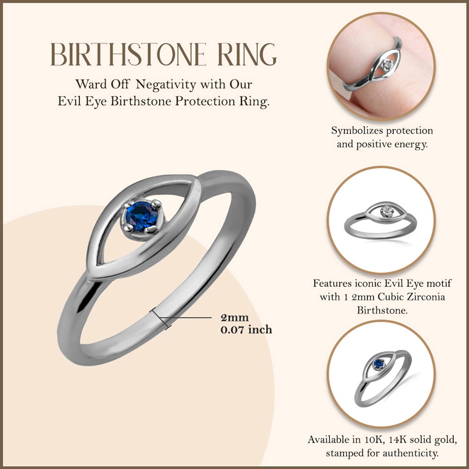 Claddagh Gold .925 Sterling Silver Evil Eye Cubic Zirconia Birthstone Protection Ring with Multiple RingSize