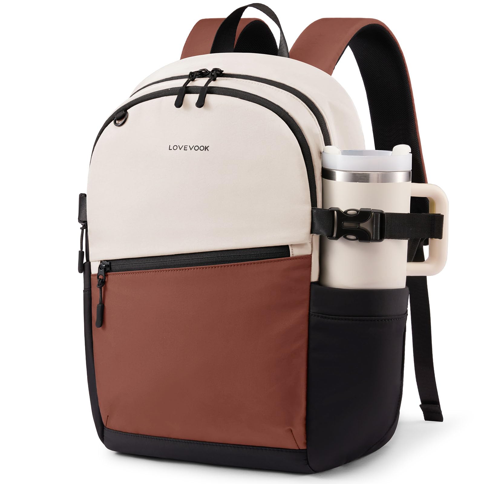 LOVEVOOK Unisex Casual Backpack, Durable Work College Backpack for Women | Lightweight Waterproof Backpack Purse with Large Cup Holder, Laptop Backpack with Trolley Sleeve for Commute Travel Large-17.3inch Black-white-brown