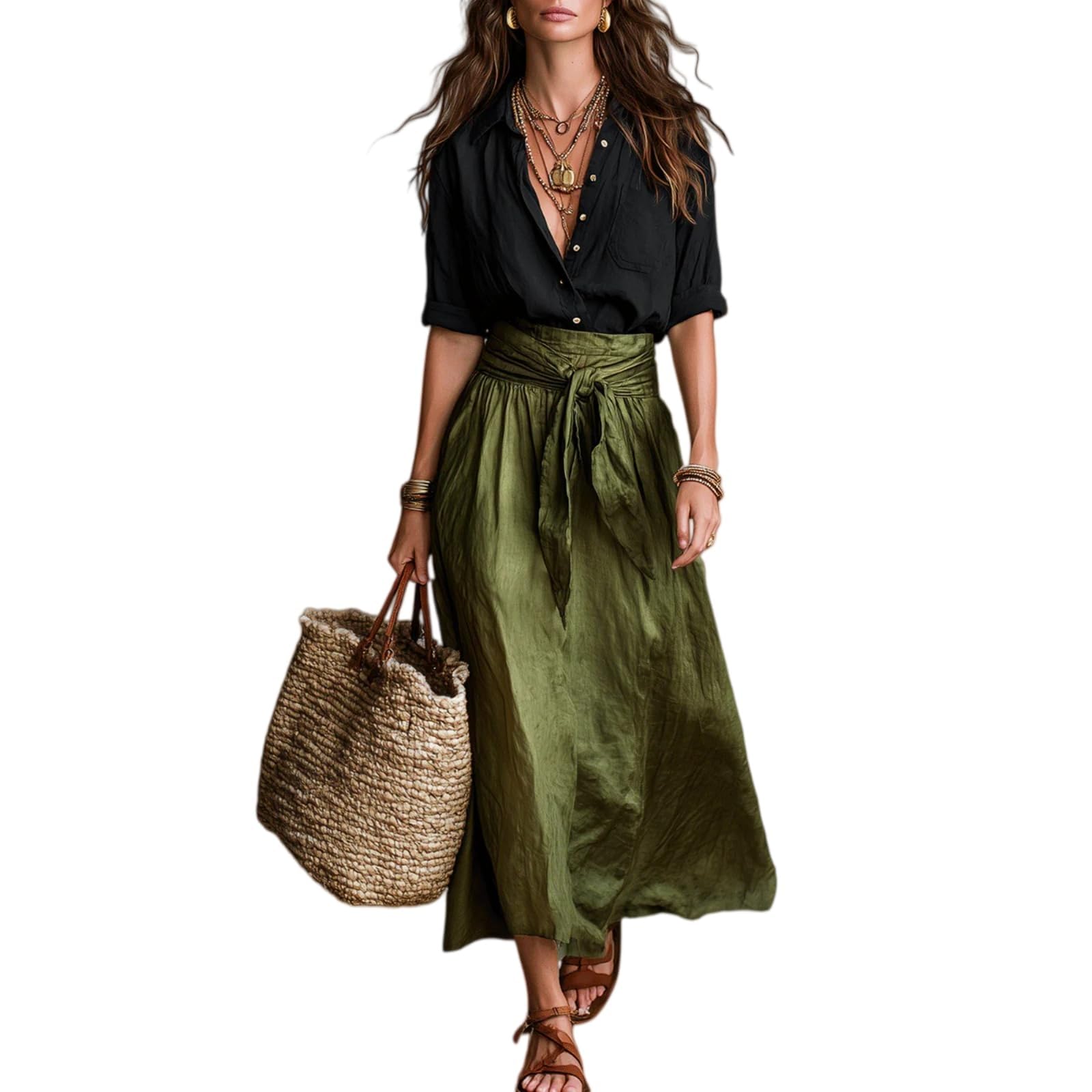 Genérico Conjunto de falda de 2 piezas para mujer: Blusa bohemia de verano con cuello en V y falda midi fluida de satén con cinturón. Elegante, ideal para la oficina