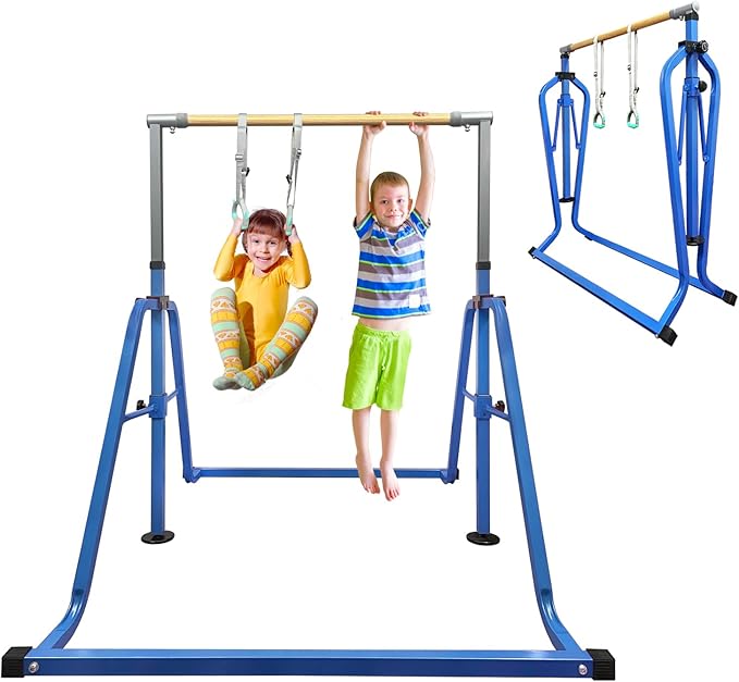 GLANT Gymnastics Bar for Kids with Rings Set, 7 Heights Adjustable Easy Folding Gymnastic Training Bar Kids Monkey Horizontal Bars - Max Load 300LBS