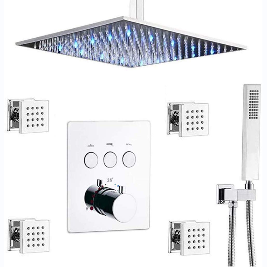 OZBMA Shower Set System, Brass Chrome Ceiling Mount 10-12 Inch LED Rain Head System with Body Sprays and Handheld Thermostatic Set,12