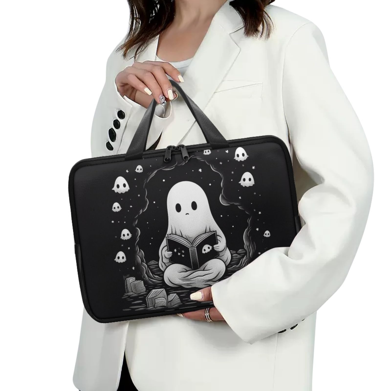 Xnshcedy Halloween Ghost Women Laptop Bag for Men Black Computer Bag for Woman Cute Laptop Sleeve with Handle Work Bag for Man 15inch Lap Top Bag for Daily