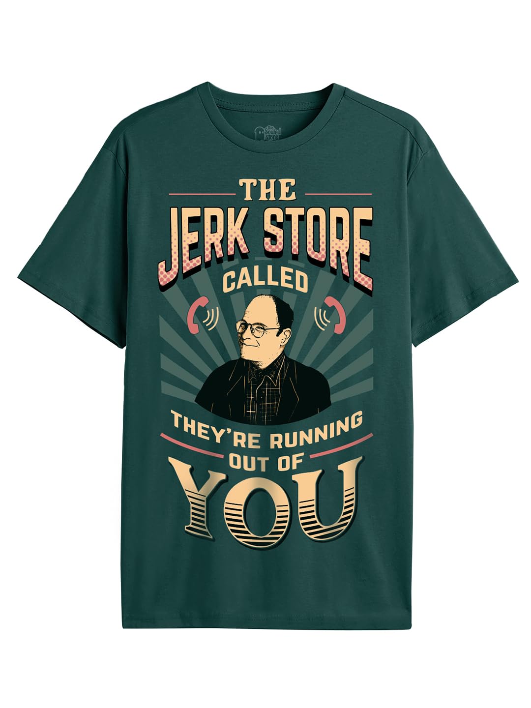 The Souled Store Official Seinfeld: Jerk Store Men and Boys Short Sleeve Round Neck Green Graphic Printed Regular Fit Cotton T-Shirts