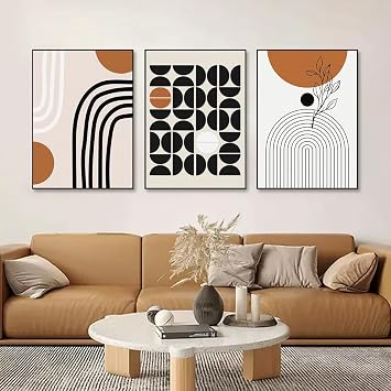 QKF 3Pcs Black Brown Boho Abstract Geometric Line Framed Canvas Wall Art | Premium HD printed canvas wall art with sturdy black frame, easy to hang, boho geometric decor for living room bedroom office