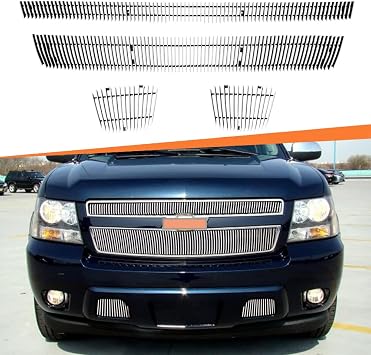 Vertical Billet Grille Insert fits 2007-2014 Chevy Tahoe Suburban Avalanche Front Polished Aluminum Grill Upper+Lower 4pcs Vertical Chrome Al