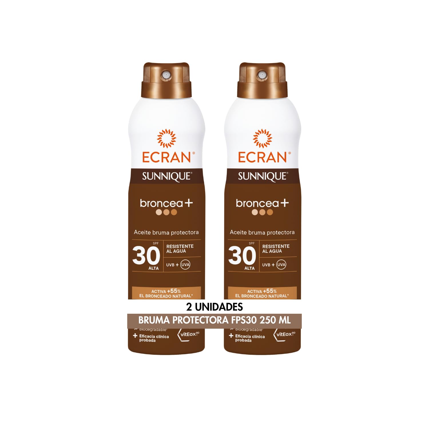 Ecran Sunnique - Bruma Aceite Protector FPS 30, Protección UVB + UVA e IR-A, Resistente al Agua, Con Tecnología Pure Bronze y VitEox 80, Activa el Bronceado Natural, Sin Autobronceador - 2 x 250 ml en oferta en Amazon