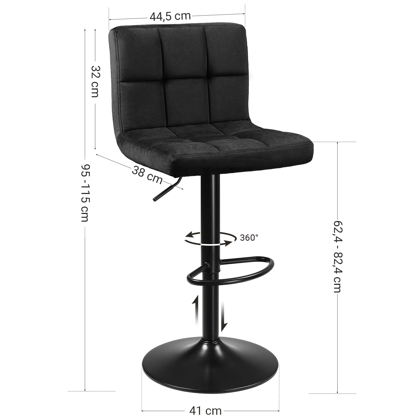 SONGMICS Sgabelli da Bar, Set di 2 Sgabelli da Cucina con Superficie in Velluto, Altezza Regolabile, Sedia da Cucina Girevole con Schienale e Poggiapiedi, Nero LJB014B01