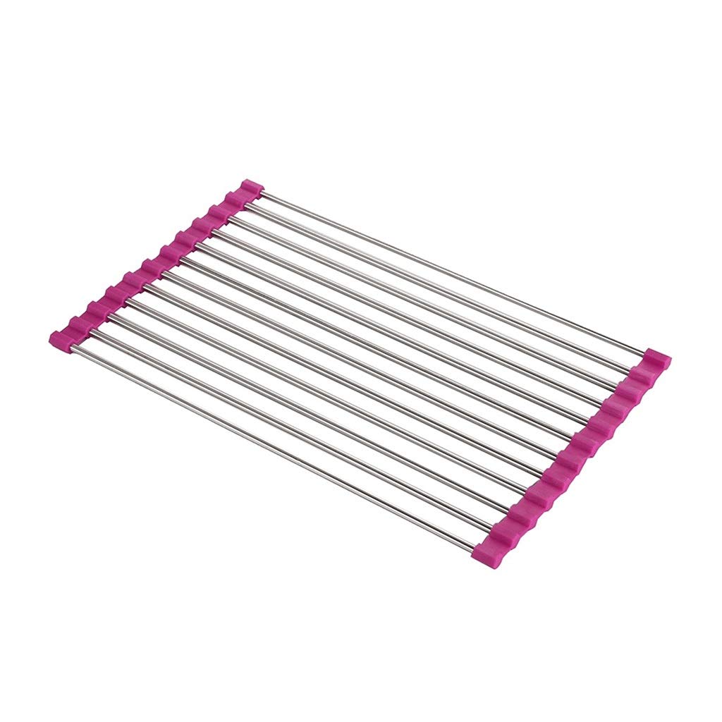 Geschirrabtropfgestell aus Edelstahl, 2er-Pack aufrollbarer Geschirr-Trockenständer, Küchenspüle-Matte, 12 Röhren, Mehrfarbig, mehrere Größen(Pink,470X220MM)