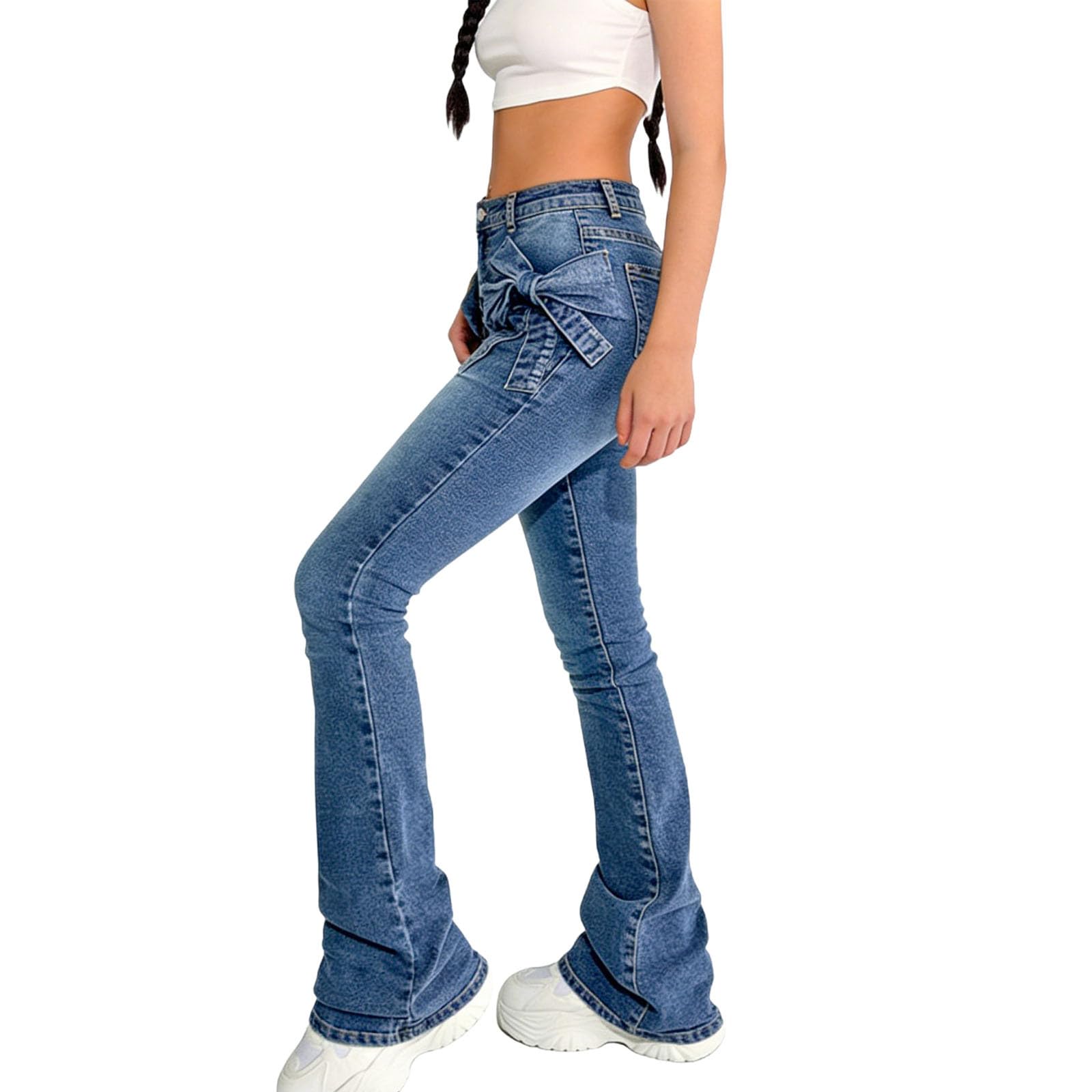 HAOLEI Vaqueros Acampanados Niña,Moda Cintura Medio Pantalones Vaqueros Ajustados con Lazo 3D Casual Slim Fit Y2K Pantalon de Mezclilla para Adolescentes Chica Versátil Bootcut Jeans 6-13 Años