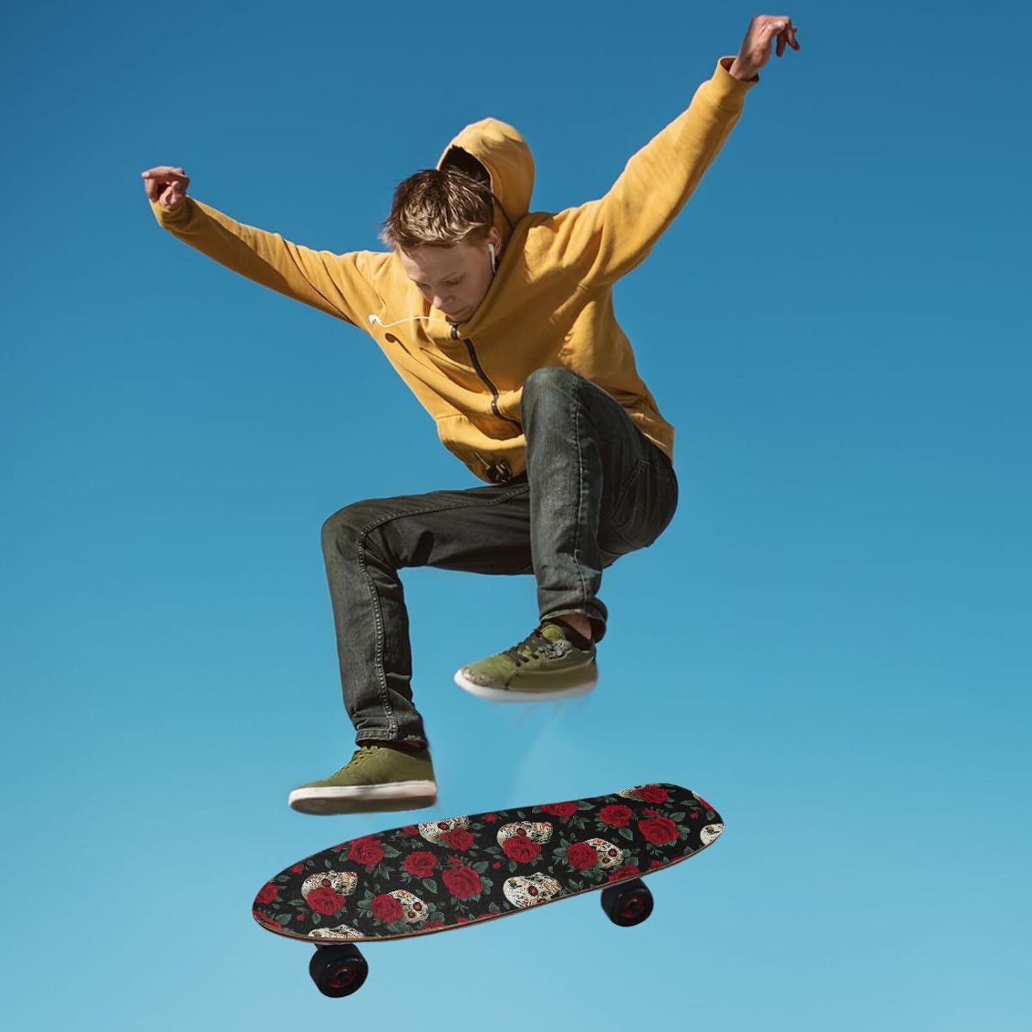 Mexico Skull Rose Flowers Red Skateboard Grip Tape 44x10Inch Sandpaper Longboard Scooter Griptape Design Non Slip and Anti-Tearing