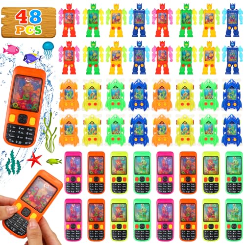Halloscume 48 Pack Colorful Handheld Water Game Cellphone Water Ring Game Bulk Handheld Game Water Ring Toss for Classroom Gift Prize Birthday Party Favors Box