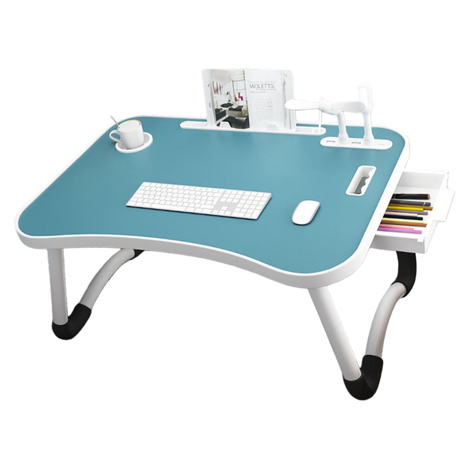 Tsophreniq Transportable Computer Table with Pliable Thighs USB Powered Tiny Color Scheme Fan 4 Harbors for Charging Cup Holder Drawer for Comfortable Use on Sofa Bed Notebook