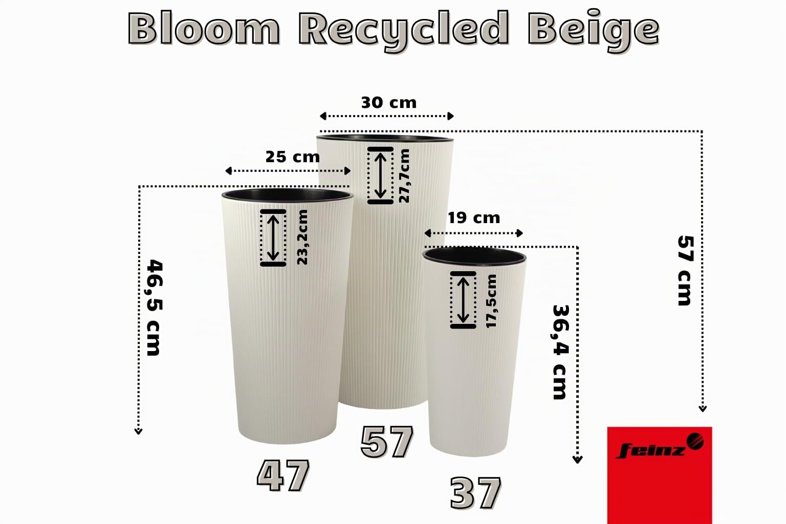 Blumentopf Set 3 Größen 37/47/57 cm Beige | Mit Pflanzeinsatz, Recyclingkunststoff, mattes Finish, für Innen und Außen, modernes Design