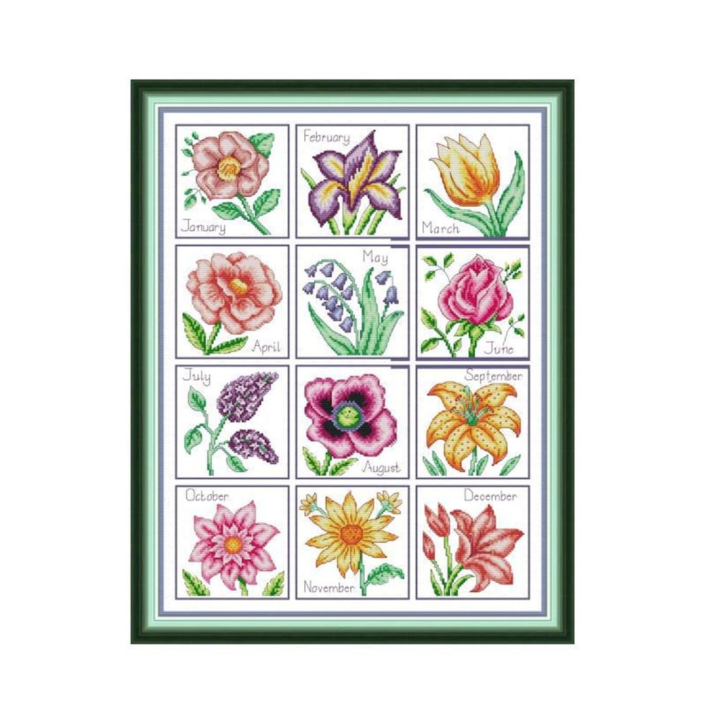 Rosyfoxes Cross Stitch Kits Stamped Full Range of Embroidery Starter Kits for Adult DIY- Printed kit Year-Round Flowers(Printed) 14ct 2-strands17.7×22 inches