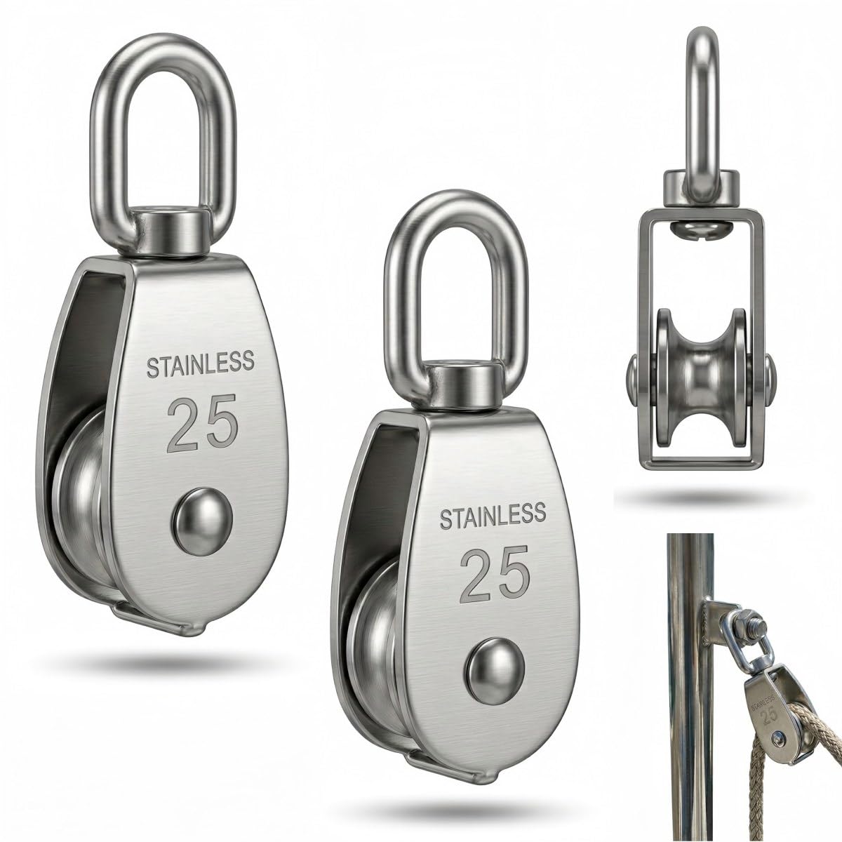 2 Stück M25 Einzel Umlenkrollen für Seile, Draht Umlenkrolle Klein mit Kugellager, Seilrolle Umlenkrolle Edelstahl 304 360° Drehung, Sichere Tragfähigkeit Bis 140 Kg für Sonnensegel Fitness Seilwinde Gewerbe, Industrie & Wissenschaft