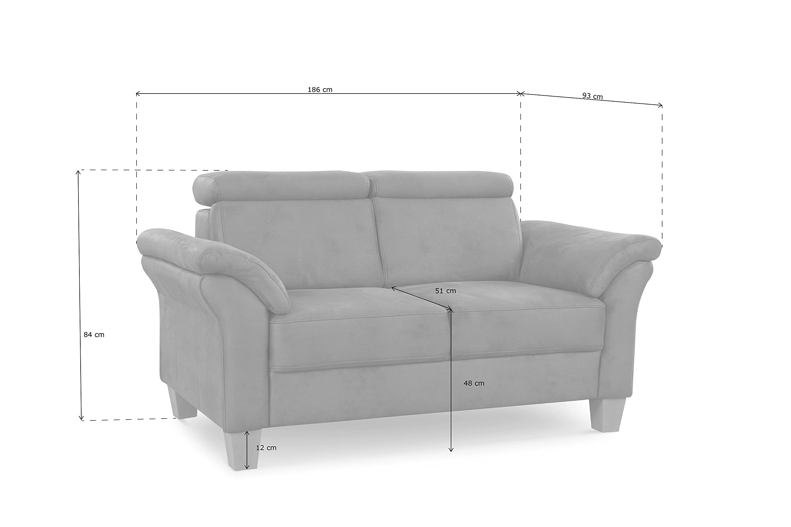 Cavadore 3-Sitzer-Sofa Ammerland / 3er-Couch im Landhausstil mit Federkern + verstellbaren Kopfstützen / 186 x 84 x 93 / Wildlederoptik, Grau