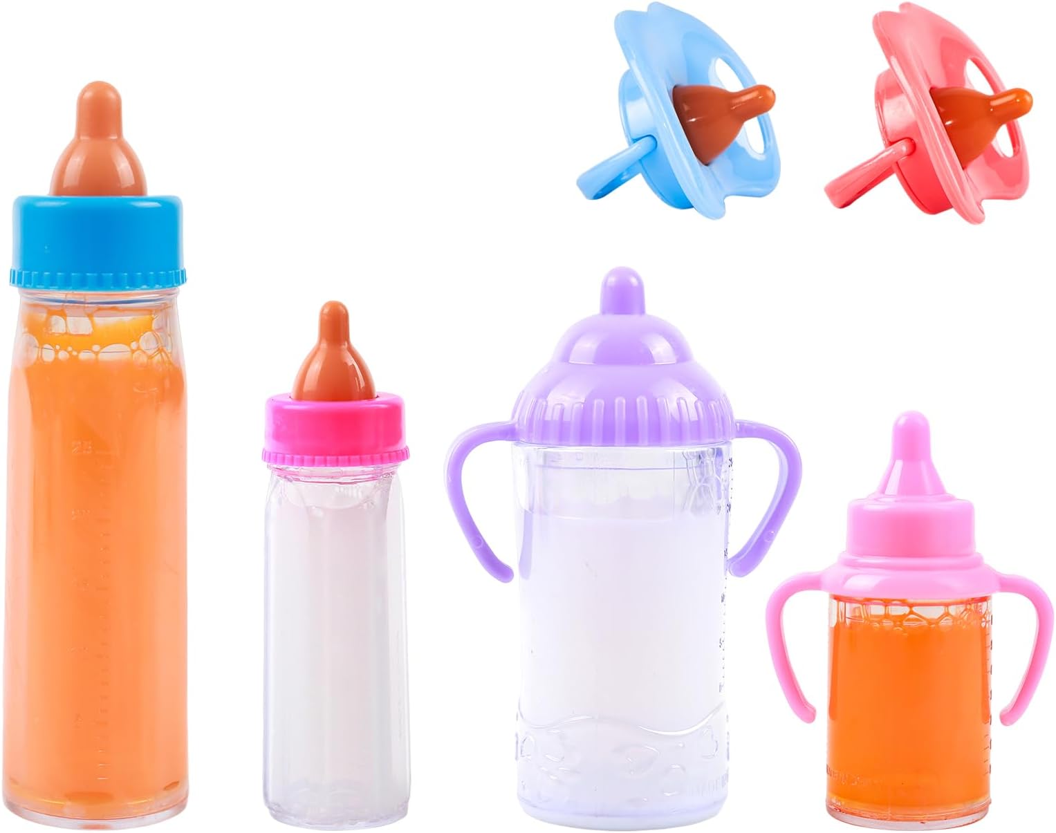 Magic Feeding Bottle with Pacifier for Baby Doll Accessories, Play Bottles with Disappearing Milk & Juice, 6 Pieces Pretend Play Feeding Toy Set, 4 Bottles and 2 Pacifiers