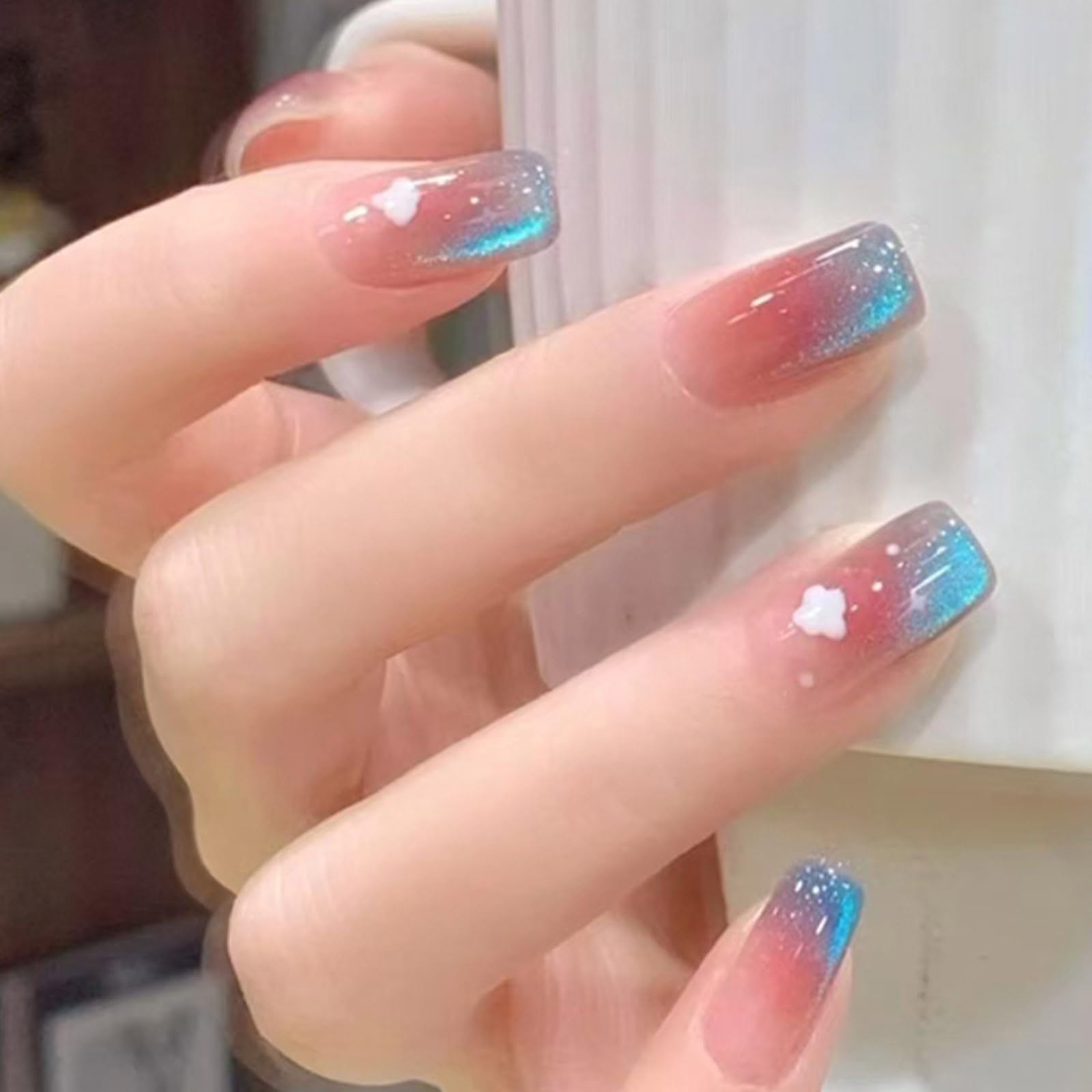 Hkanlre Gradient Blue Fake Nails Tips Bling French Press on Nails Full Cover Coffin False Medium Nails for Women 24PCS