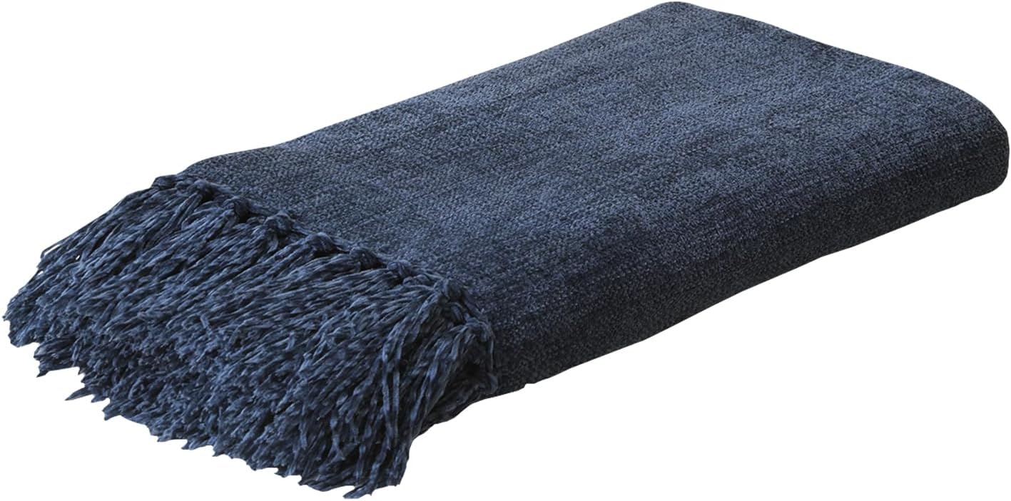 Navy Chenille Throw Blanket for Couch Bed，Soft Cozy Throw Blanket with Handmade Fringe, Decorative Blanket for Sofa Chair Living Room for Gift,Navy 60" x 80"
