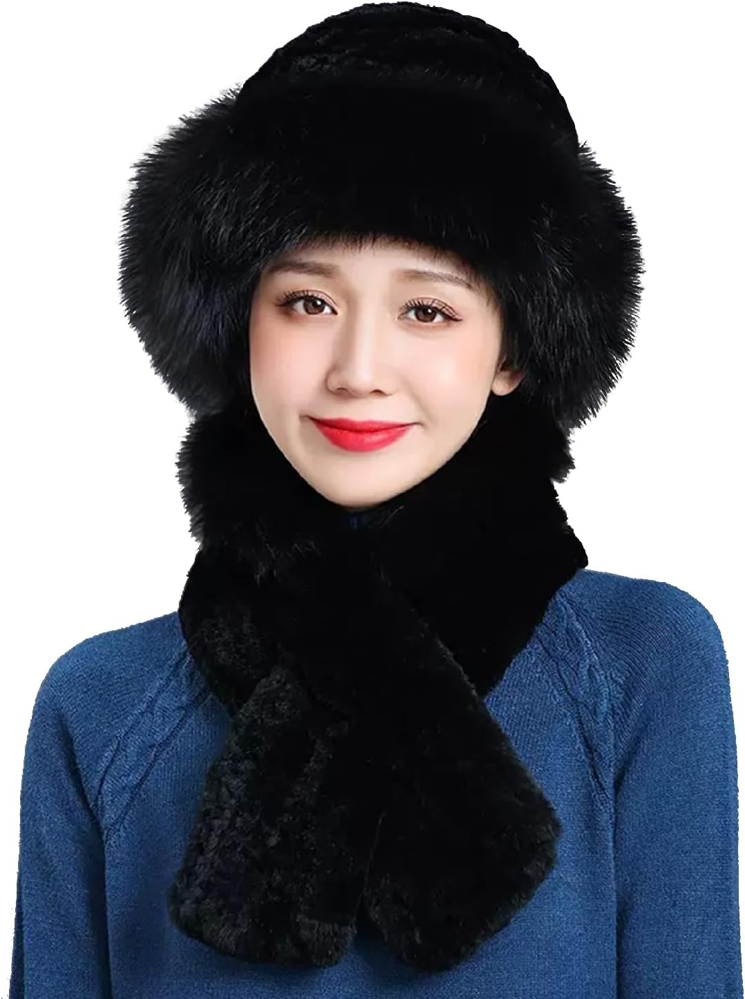 Women Winter Faux Rabbit Fur Trimmed Cloche Hat with Scarf Set Furry Warm Beanie Collar Scarf Set for Ladies