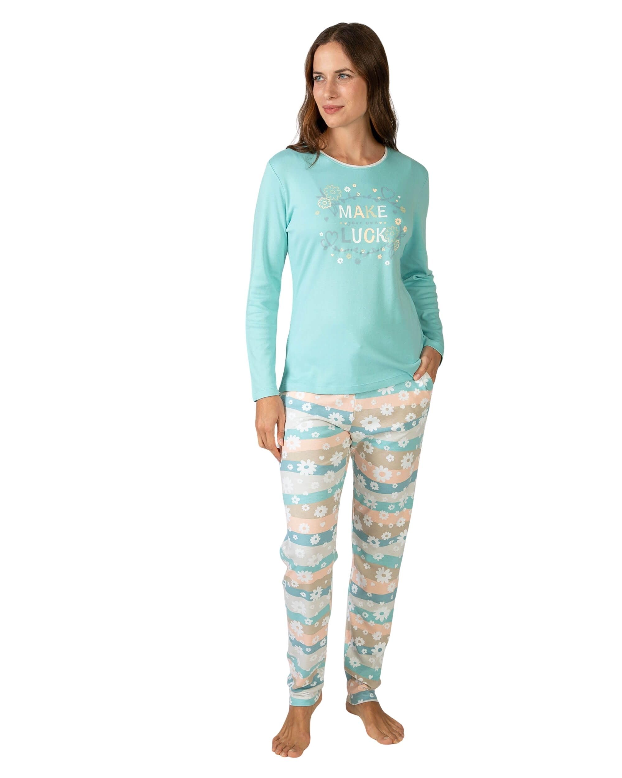 MASSANA Pijama de Mujer Invierno, Conjunto Manga Larga Turquesa, Pantalón Estampado Floral con Cinturilla, 50% Algodón 50% Modal