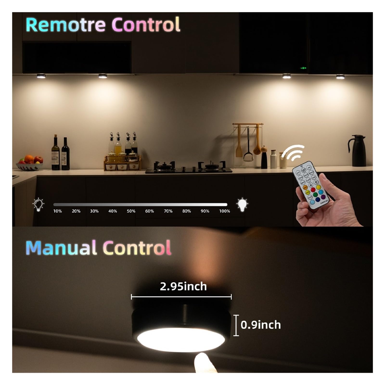 Czarna Okrągła Lampa LED Podszafkowa Do Szafy, Ściemnialna, Na Biurko, Z Pilotem(4lamp 2remote)