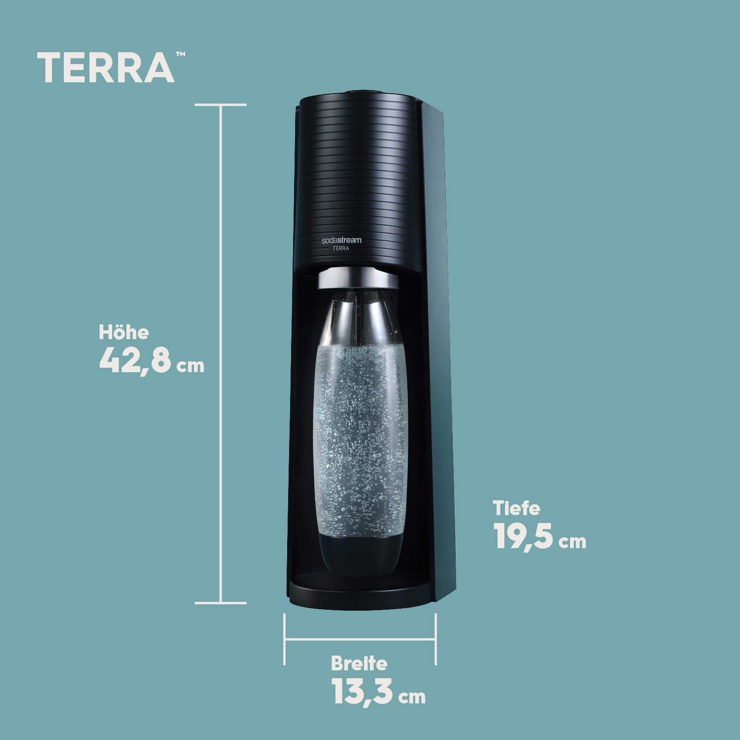 SodaStream Terra Water Carbonator Value Pack with CO2 Cylinder, 2 x 1 L Dishwasher-Safe Plastic Bottle and 1 x 0.5 L Dishwasher-Safe Plastic Bottle, Height 44 cm, Black
