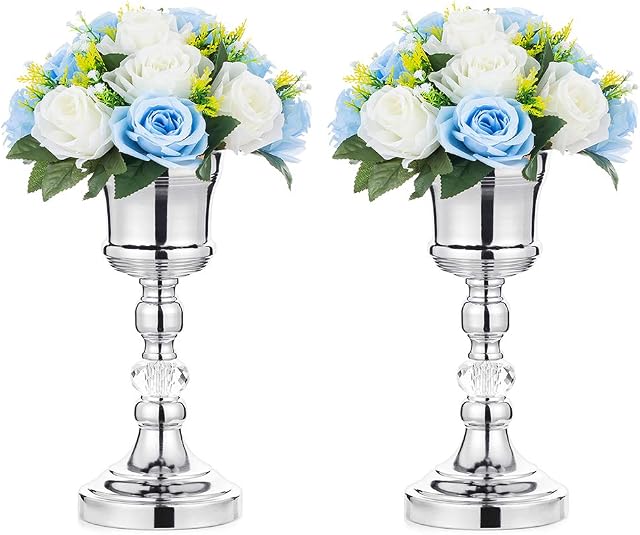 2 Pcs Tabletop Metal Wedding Flower Trumpet Vase with Crystal, Table Decorative Centerpiece, Artificial Flower Arrangements for Anniversary Ceremony Party Birthday Event Aisle Home Decoration, Silver