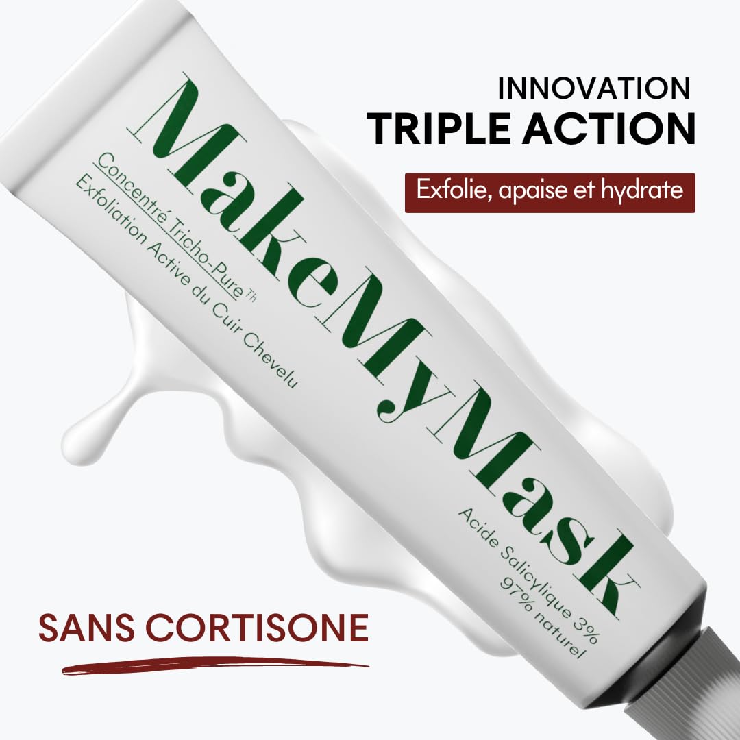 MakeMyMask Concentré Anti-PSO Pré-shampoing, Traitement capillaire exfoliant, hydratant et apaisant, 50mL, SANS CORTISONE - Psoriasis du cuir chevelu, 2 mois de durée