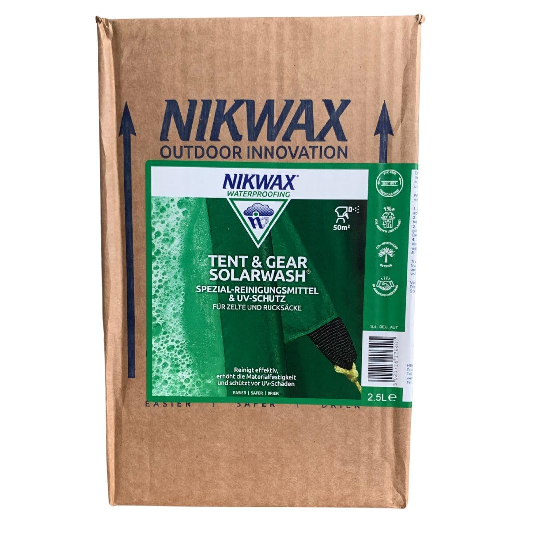 Nikwax TENT & GEAR SOLARWASH, detergente tecnico e blocco UV per tende e borse, 2,5 litri con attacco spray