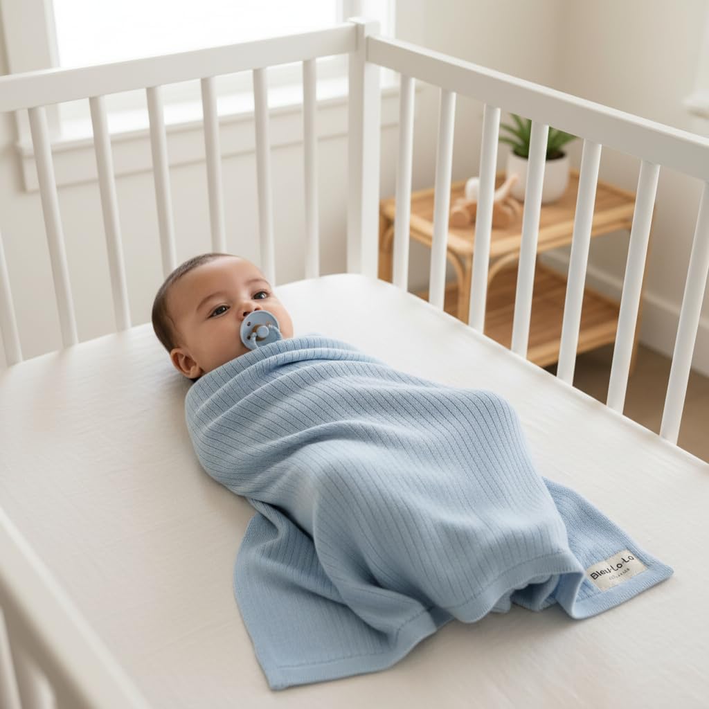 100% Organic Cotton Baby Blanket for Boys – Luxury Stretch Ribbed Knit, Breathable Swaddle Quilt Blanket for Newborns (Ribbed - Sky Blue)