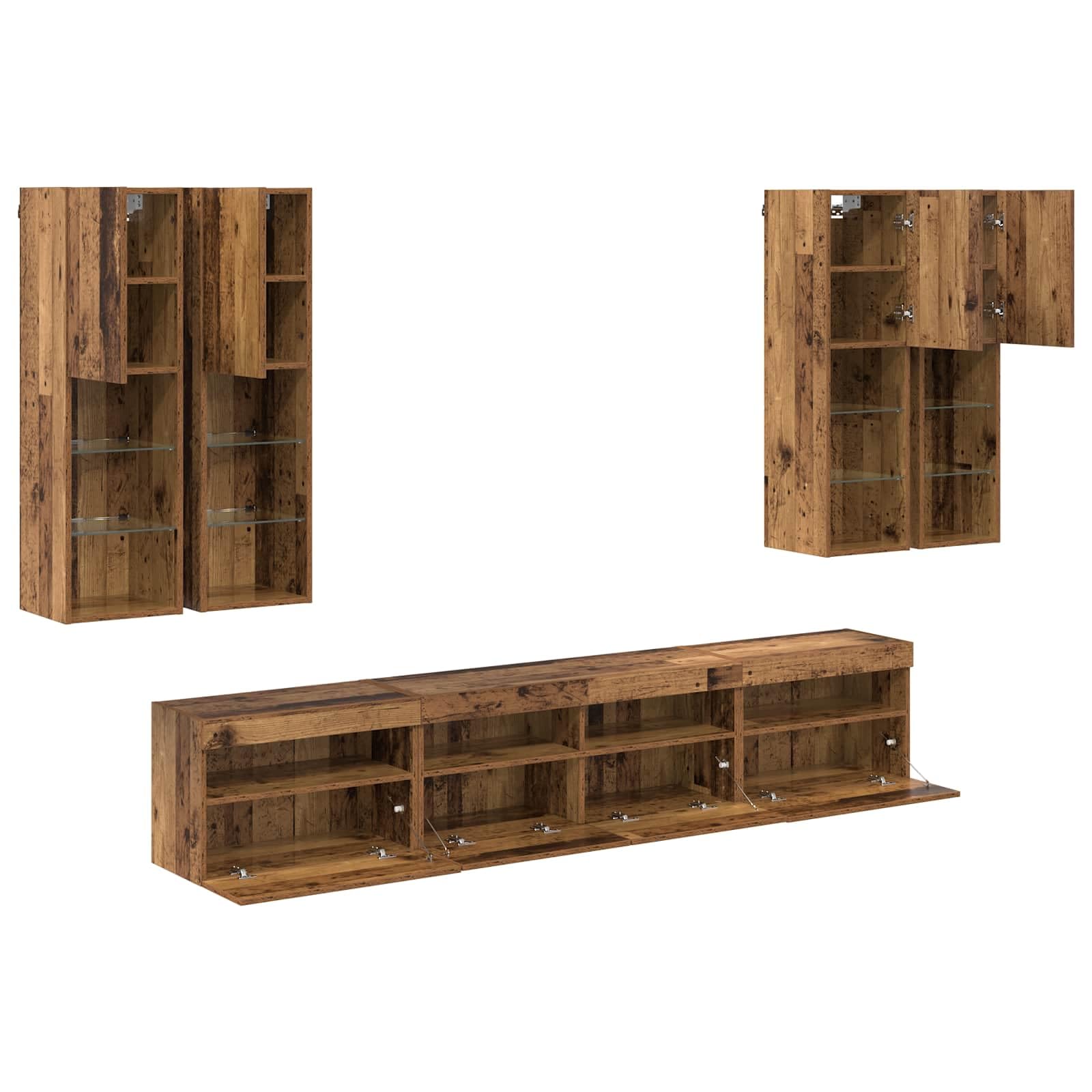 Mueble de pared para TV con luces LED, 7 piezas, aspecto de madera envejecida, 100 x 30 x 40 cm, diseño moderno para sala de estar, centro de entretenimiento