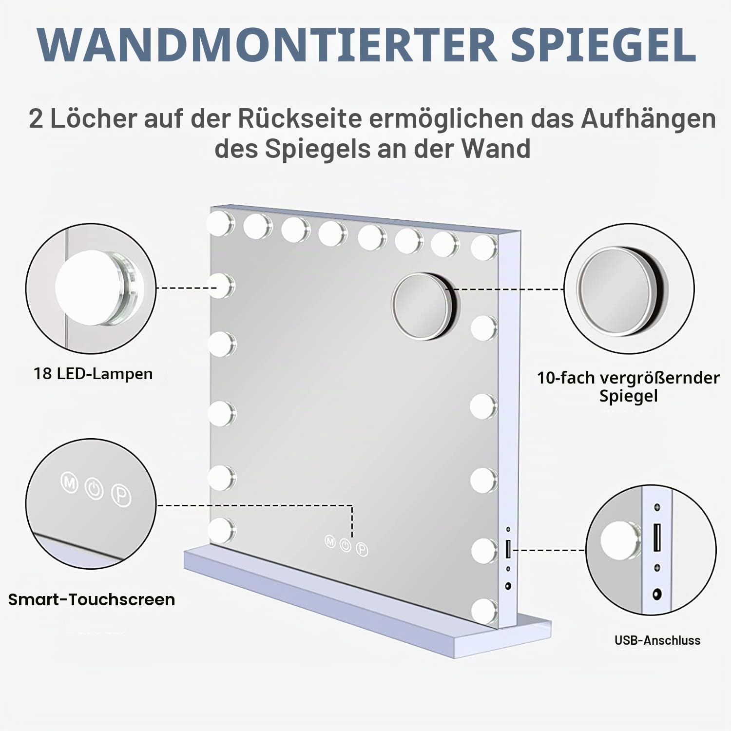 Hansong Großer Hollywood-Spiegel, 80 x 60 cm, Kosmetikspiegel mit 18 LED-Lampen, 3 Farben, Beleuchtungsmodus, Kosmetikspiegel mit USB-Ladeanschluss und 10-facher Lupe für Schlafzimmer