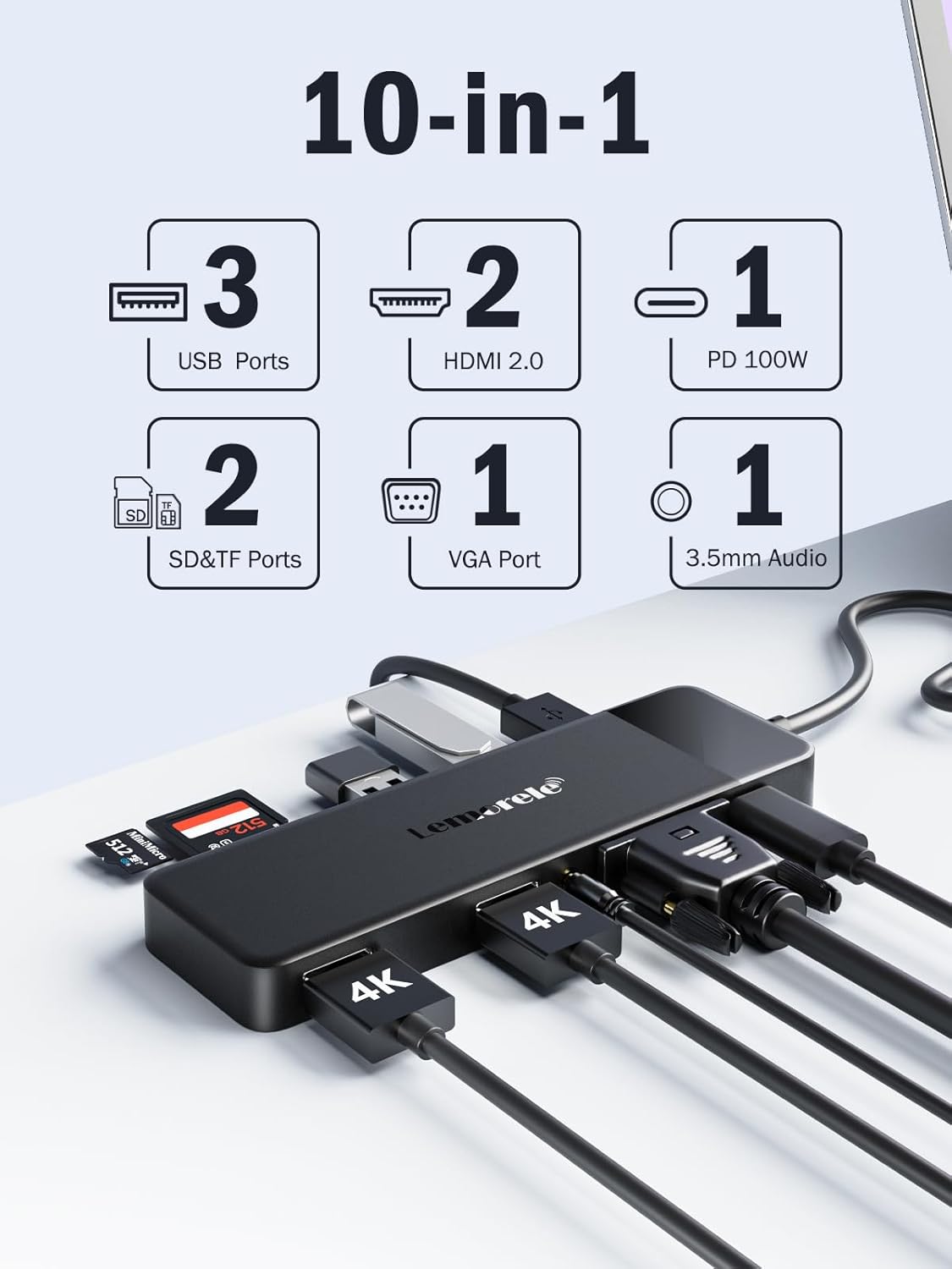 Lemorele USB C Hub Docking Station, 10-in-1 Dual Monitor Adapter with 4K Dual HDMI, 1080P VGA, 3×USB3.0/2.0, TF/SD, 3.5mm Audio, 100W PD for MacBook, HP, Dell, Lenovo and More 22 61ItU1hTJZL. SL1500