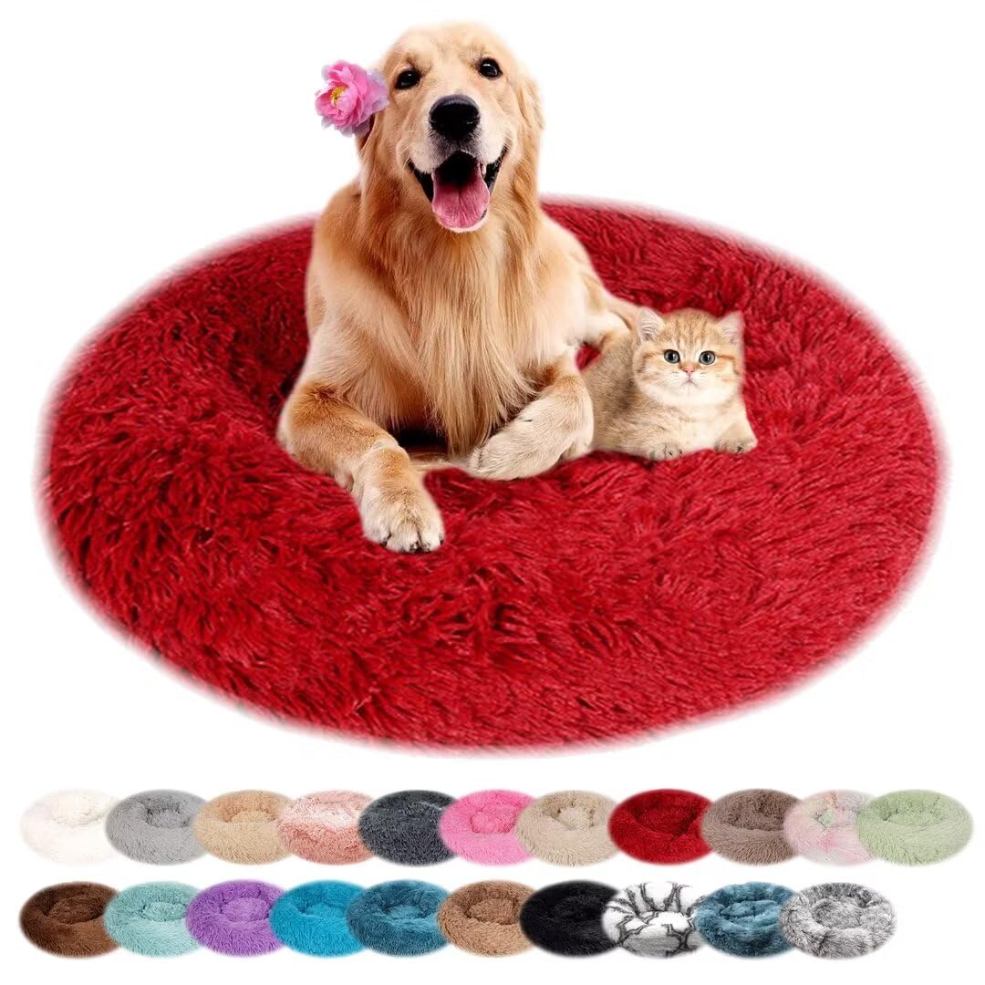 nvdsivee Dog Bed Plush Round Cat Bed for Indoor Cats Puppy Bed Washable Calming Dog Beds Cushion for Small Medium Large Dogs Dog Mattress with Anti-slip Bottom Red 70cm
