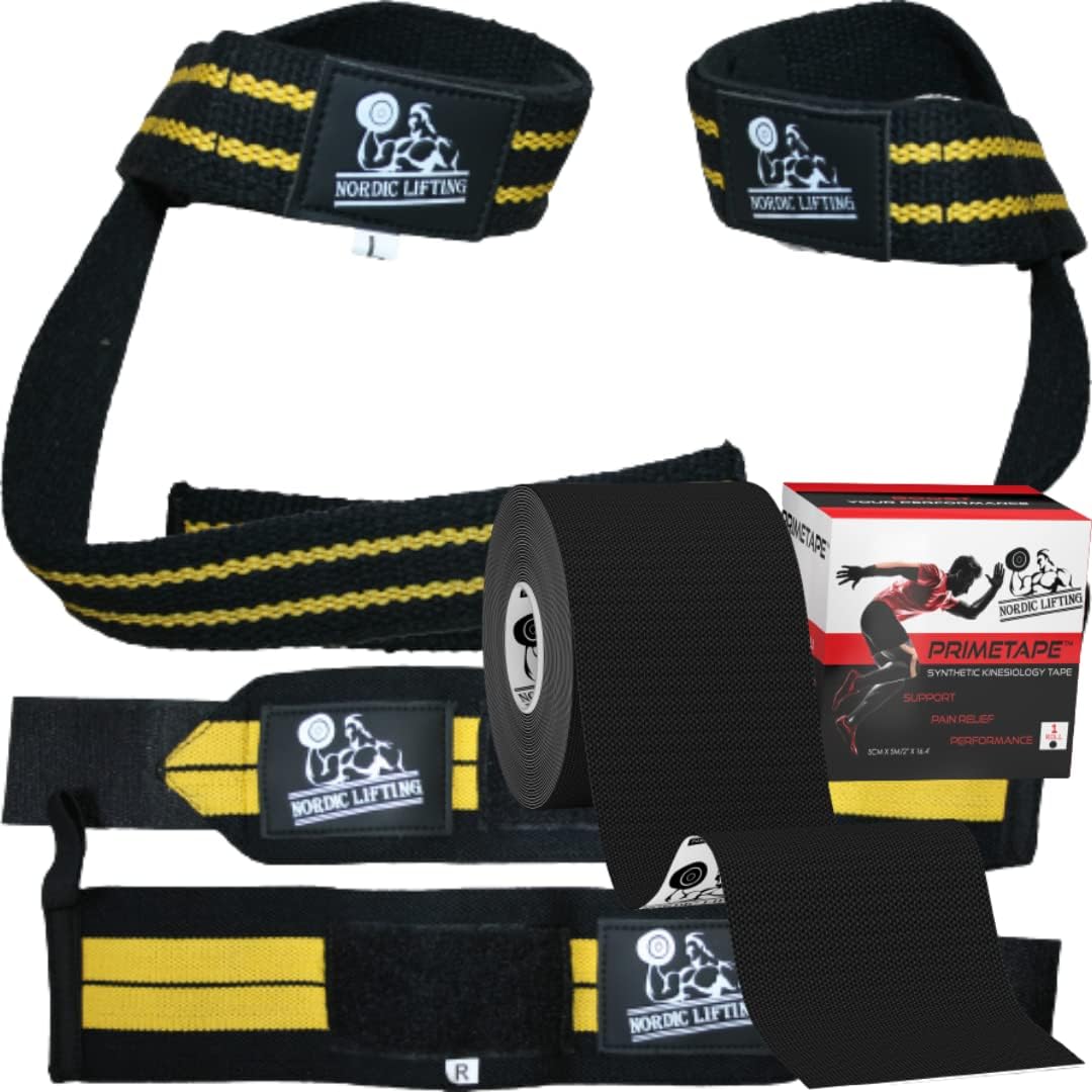 Wrist Wraps & Lifting Straps (Bundle) - Yellow Bundle with Kinesiology Tape 1p - Black