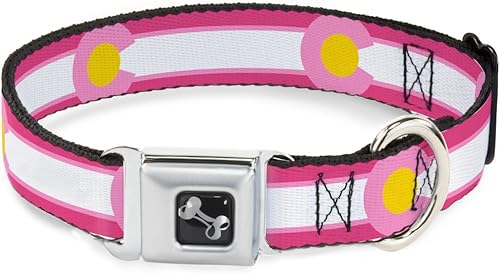 Collar de perro hebilla de cinturón de seguridad Colorado Flags7 Repeat Pinks blanco rosa claro amarillo 15 a 26 pulgadas 1.0 pulgadas de ancho
