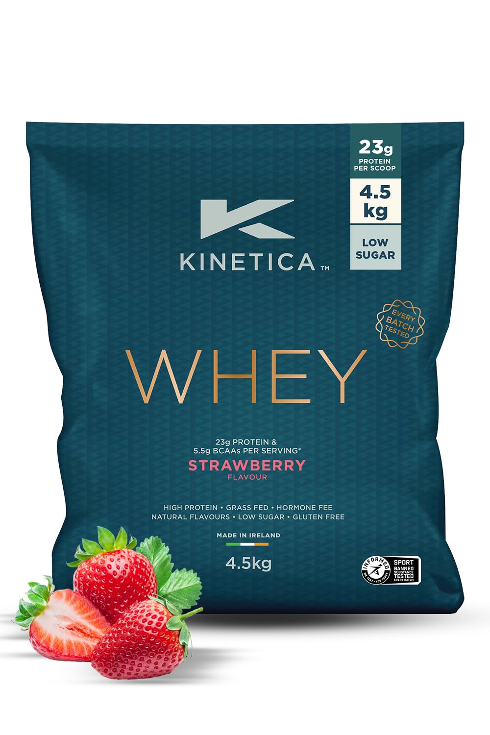 Kinetica Sports Whey Protein Powder - Strawberry, 4.5 Kg, 150 Servings | 23g Protein, 5.5g BCAA Amino Acid & 4.32g Glutamine | Recovery Shake for Optimum Nutrition | WADA & Informed Sport Approved