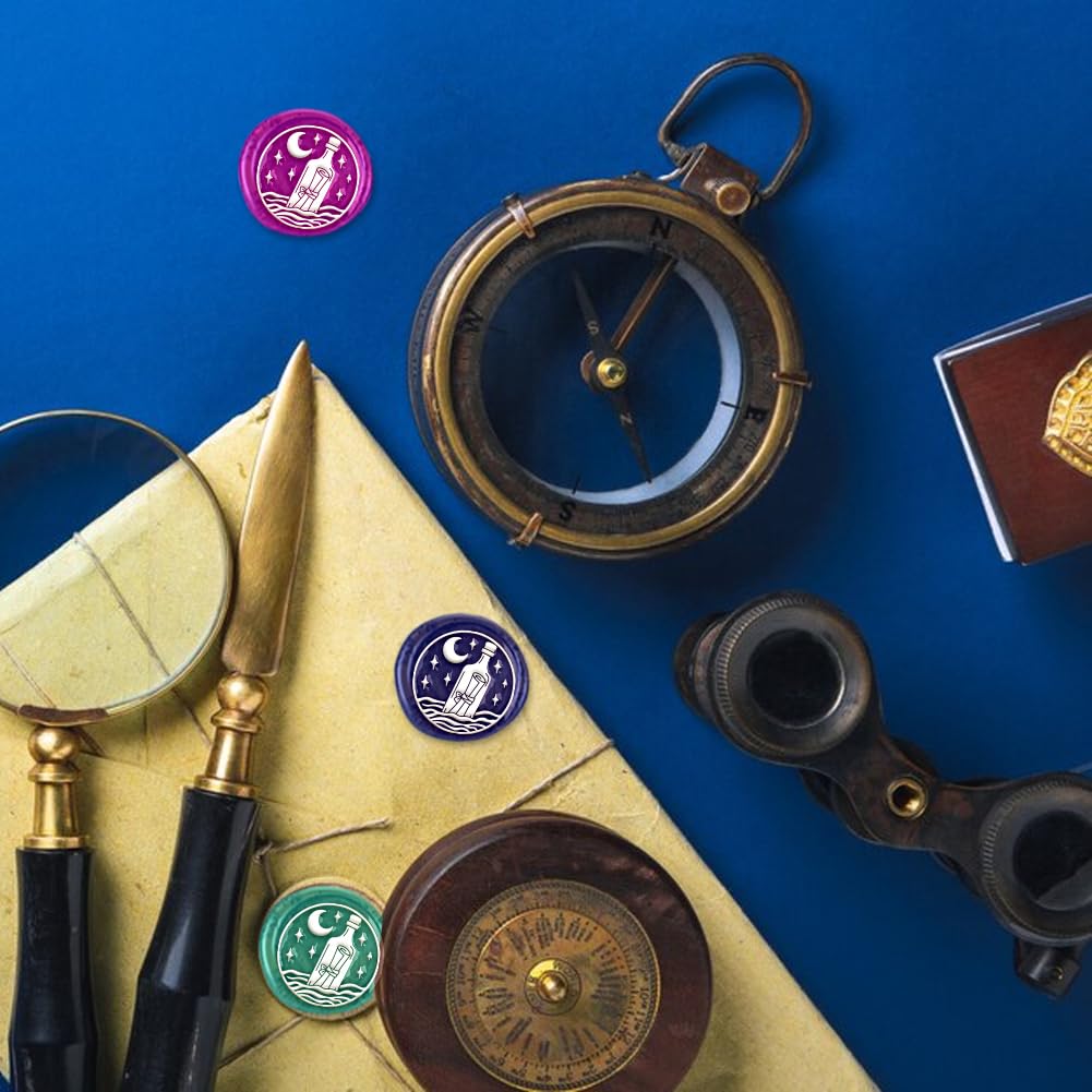DELORIGIN Dreamy Drift Bottle Wax Seal Stamp Embossed Stamp Sealing Removable 1" Brass Wax Seal Stamp Head with Wooden Handle Moon Sea Sealing Wax for Wedding Invitations Envelopes Gift Packing - Image 3