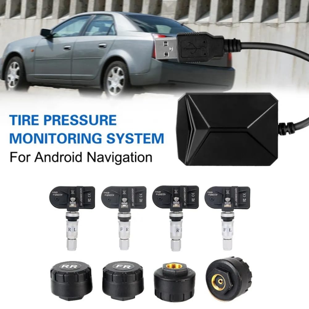 NavegacióN Android TPMS con 4 Sensores de Alarma USB Android Car TPMS TransmisióN InaláMbrica Monitoreo de NeumáTicos (Interno)