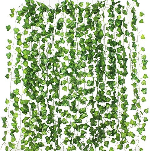 フェイクグリーン 観葉植物 アイビー 造花 藤 壁掛け 葉 グリーン インテリア 飾り ホーム オフィス ベランダ ガーデン 吊り 人工観葉植物 結婚式 植物装飾 パーティー 装飾 植物 (「緑」12本セット)